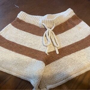 Pink Lily, Cozy Knit Striped Shorts - Cream and Brown-Women’s small